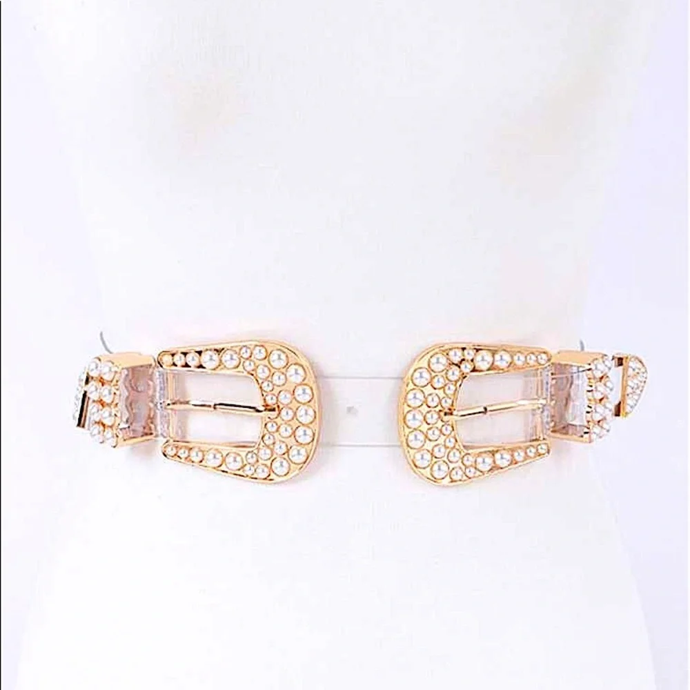 Gold Double Pearl Accent Buckle Clear Statement Belt